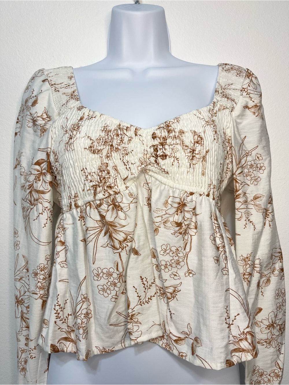 Honey & Sparkle Smocked Cream Floral Long-Sleeve Peasant Blouse PTP 16”-20”